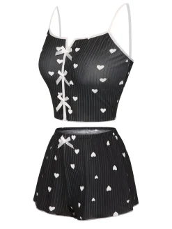 Fashion Retro Stage 1970s Heart Bow Spaghetti Strap Pajamas