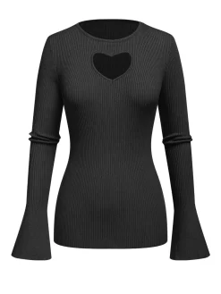 Sale Retro Stage 1970s Heart Cutout Knitted Solid Sweater