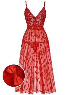 Online Retro Stage 1930s Heart Dot Lace Spaghetti Straps Nightgown