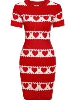 Online Retro Stage 1960s Heart Short Sleeved Knitted Dress