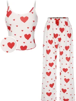 Best Retro Stage 1970s Hearts Knit Spaghetti Strap Pajamas