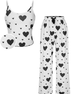Best Retro Stage 1970s Hearts Knit Spaghetti Strap Pajamas