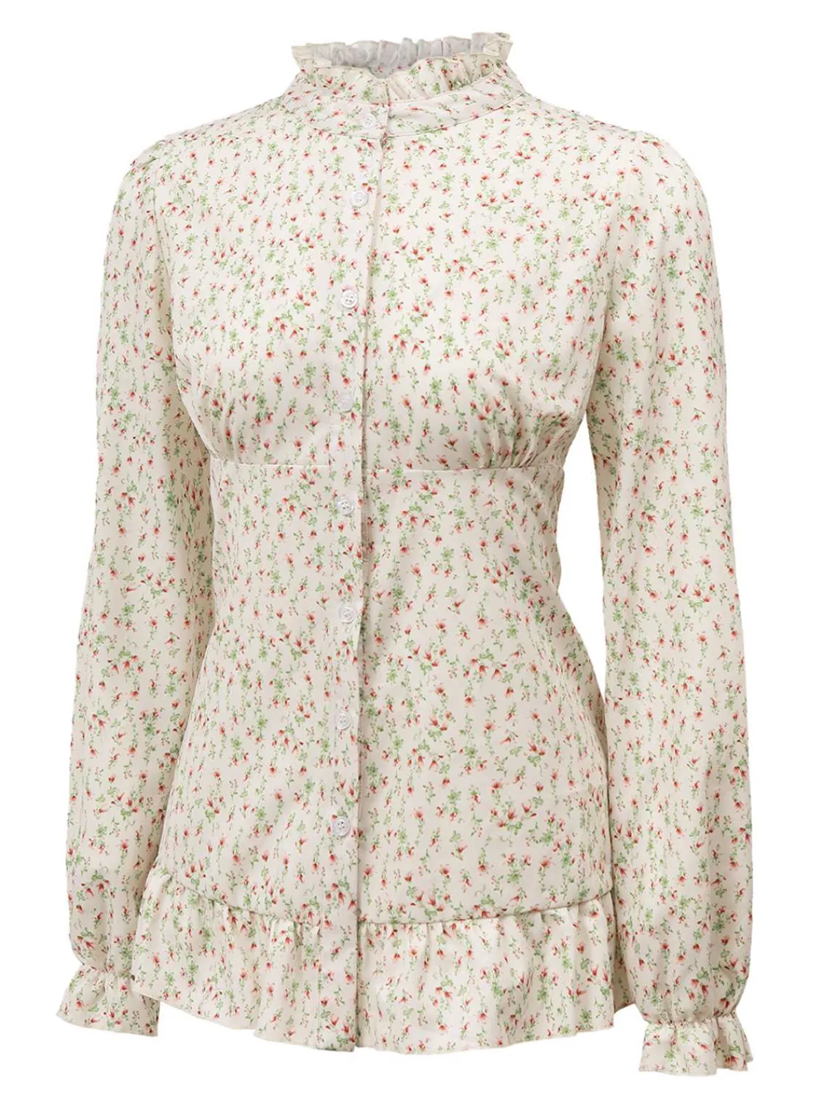 Online Retro Stage 1970s High Neck Ditsy Floral Ruffles Blouse Beige