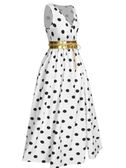Fashion Retro Stage 1930s High Slit V-Neck Belted Dress
