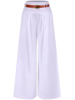 Sale Retro Stage 1930s High Waist Belted Wide-Leg Solid Pants