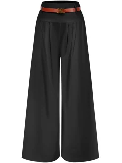 Sale Retro Stage 1930s High Waist Belted Wide-Leg Solid Pants