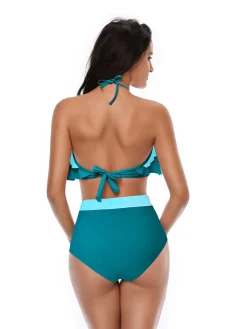 Clearance Retro Stage 1940s High-Waist Colorblock Ruffled Halter Swimsuit