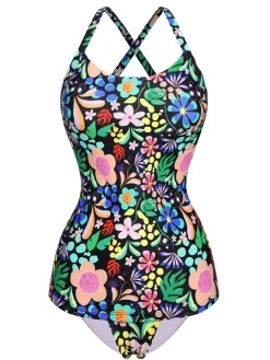 Sale Retro Stage 1970s Hippie Strap One-Piece Swimsuit Floral