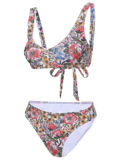 Discount Retro Stage 1970s Hippie Floral Wide Strap Swimsuit Pink