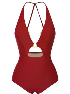 Discount Retro Stage 1950s Hollow Ring Backless Halter Swimsuit