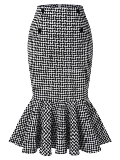 Hot Retro Stage 1930s Houndstooth Button Mermaid Skirt Black