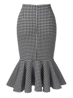 Hot Retro Stage 1930s Houndstooth Button Mermaid Skirt Black