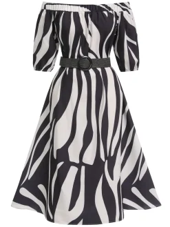 Best Retro Stage 1940s Irregular Print Off-shoulder Belted Dress Black