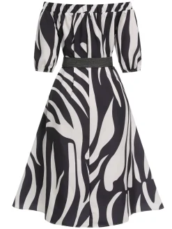 Best Retro Stage 1940s Irregular Print Off-shoulder Belted Dress Black