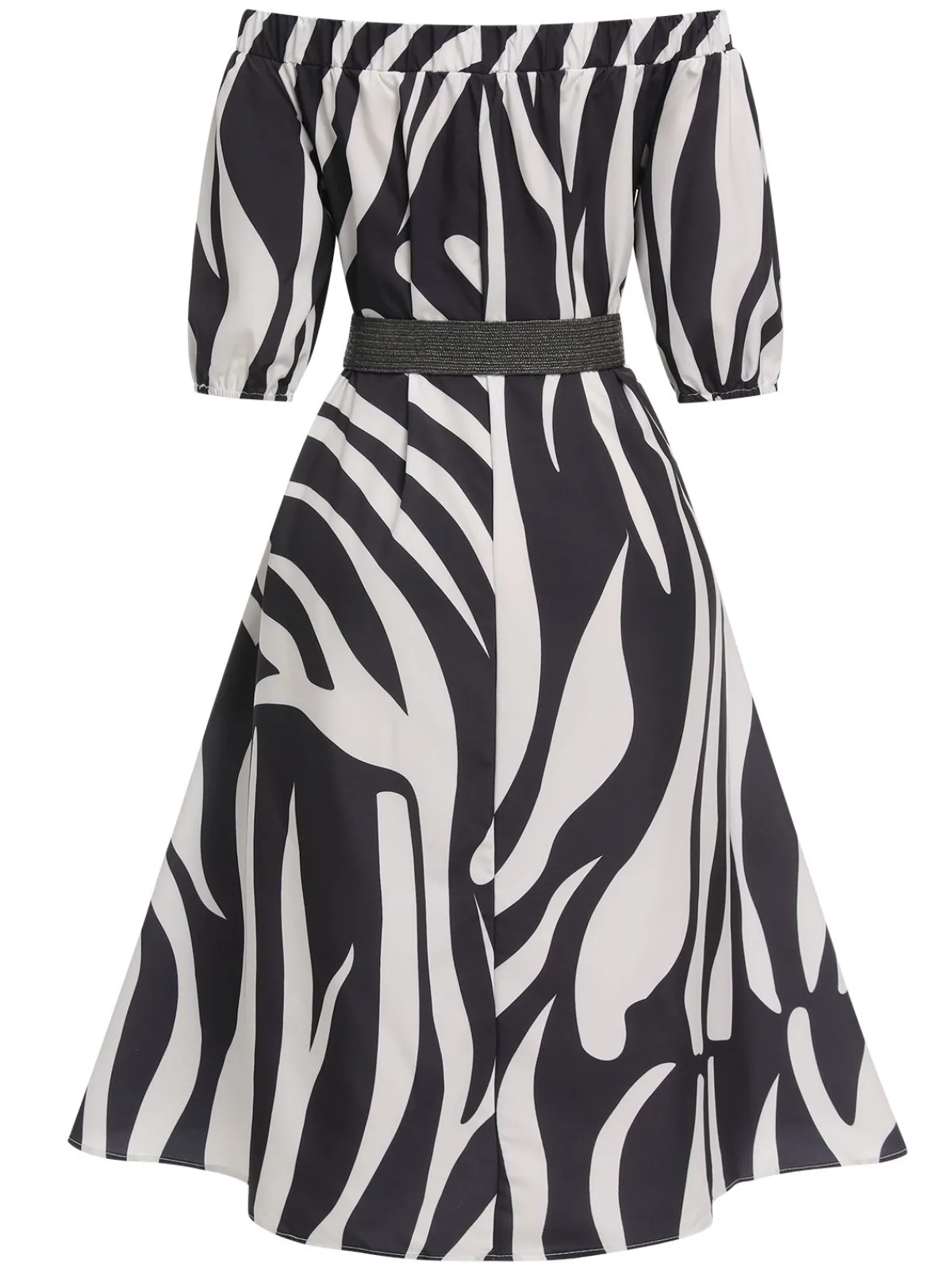 Best Retro Stage 1940s Irregular Print Off-shoulder Belted Dress Black