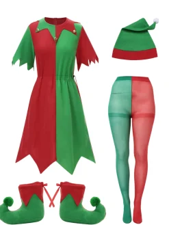 Online Retro Stage 1980s Jagged Christmas Hem Elf Costume Dress Set Red & Green
