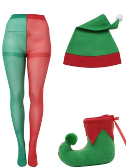 Online Retro Stage 1980s Jagged Christmas Hem Elf Costume Dress Set Red & Green