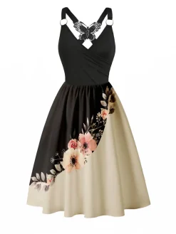 Fashion Retro Stage 1950s Lace Butterfly Floral Colorblock Dress Black