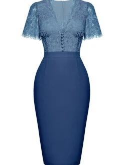 Best Retro Stage 1960s Lace Button Solid Pencil Dress Navy Blue