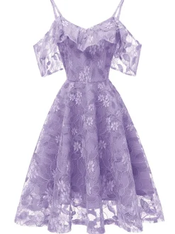Discount Retro Stage 1950s Lace Cold Shoulder Ruffle Dress