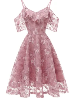 Discount Retro Stage 1950s Lace Cold Shoulder Ruffle Dress