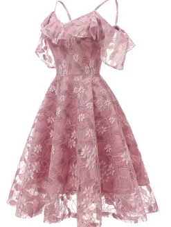 Discount Retro Stage 1950s Lace Cold Shoulder Ruffle Dress