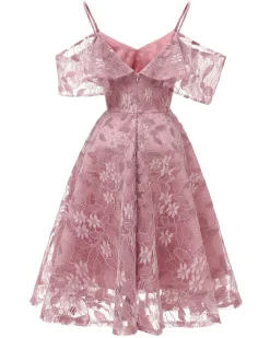 Discount Retro Stage 1950s Lace Cold Shoulder Ruffle Dress