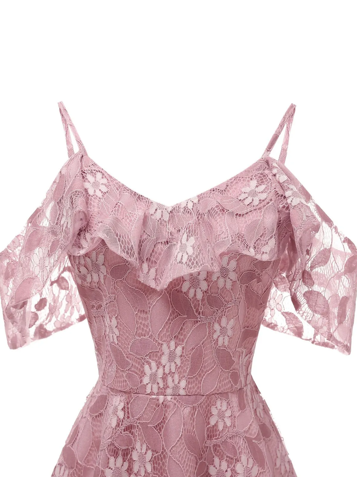 Discount Retro Stage 1950s Lace Cold Shoulder Ruffle Dress
