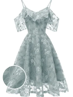 Discount Retro Stage 1950s Lace Cold Shoulder Ruffle Dress
