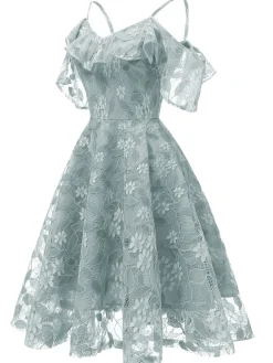 Discount Retro Stage 1950s Lace Cold Shoulder Ruffle Dress