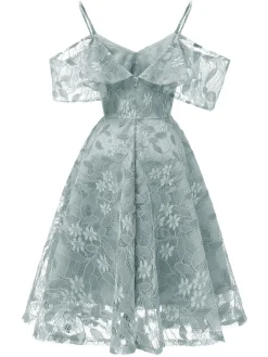 Discount Retro Stage 1950s Lace Cold Shoulder Ruffle Dress
