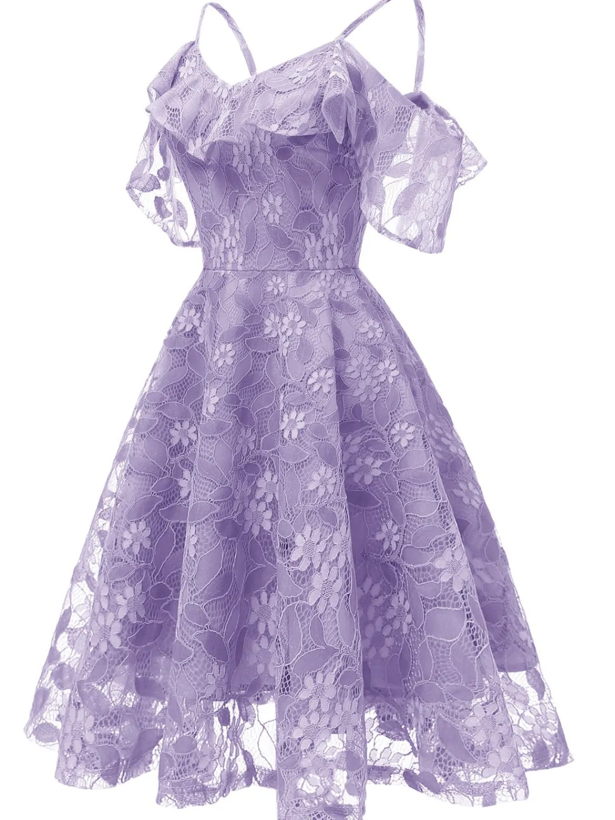 Discount Retro Stage 1950s Lace Cold Shoulder Ruffle Dress