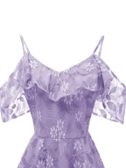 Discount Retro Stage 1950s Lace Cold Shoulder Ruffle Dress