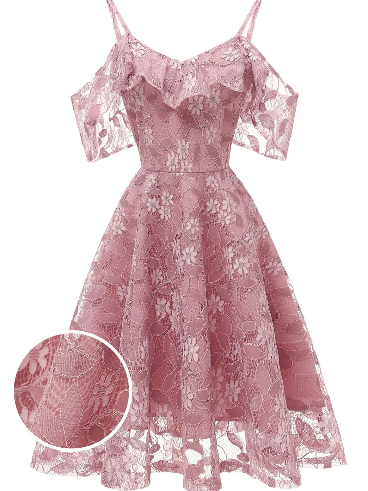 Discount Retro Stage 1950s Lace Cold Shoulder Ruffle Dress