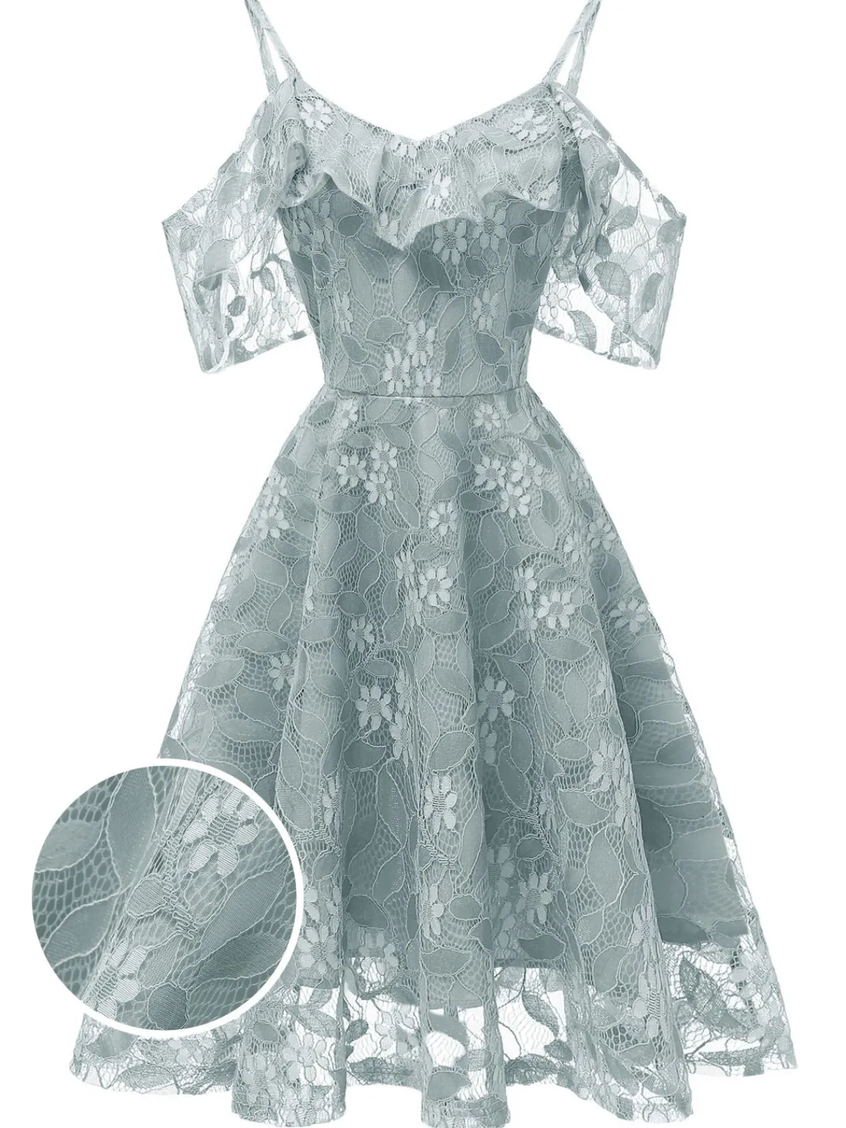 New Retro Stage 1950s Lace Cold Shoulder Ruffle Dress