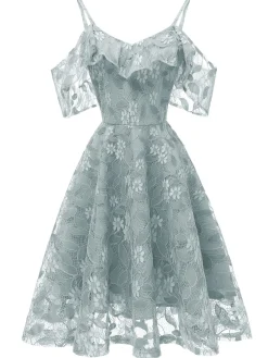 New Retro Stage 1950s Lace Cold Shoulder Ruffle Dress