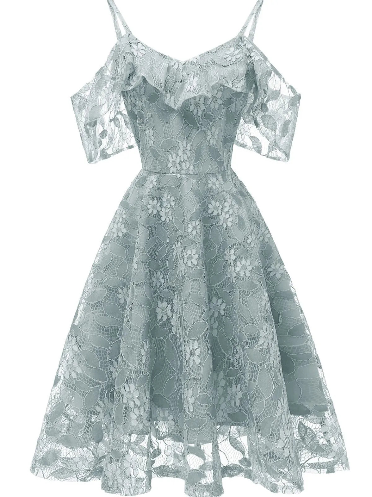 New Retro Stage 1950s Lace Cold Shoulder Ruffle Dress