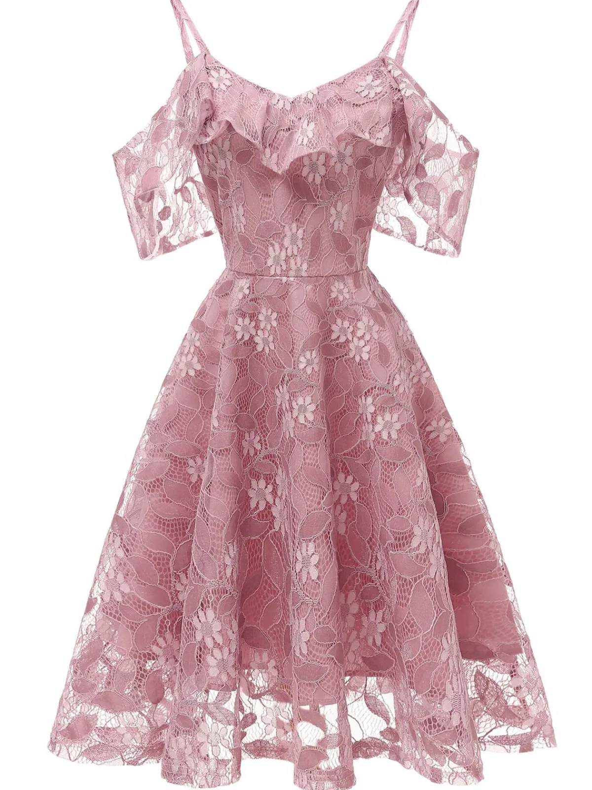New Retro Stage 1950s Lace Cold Shoulder Ruffle Dress