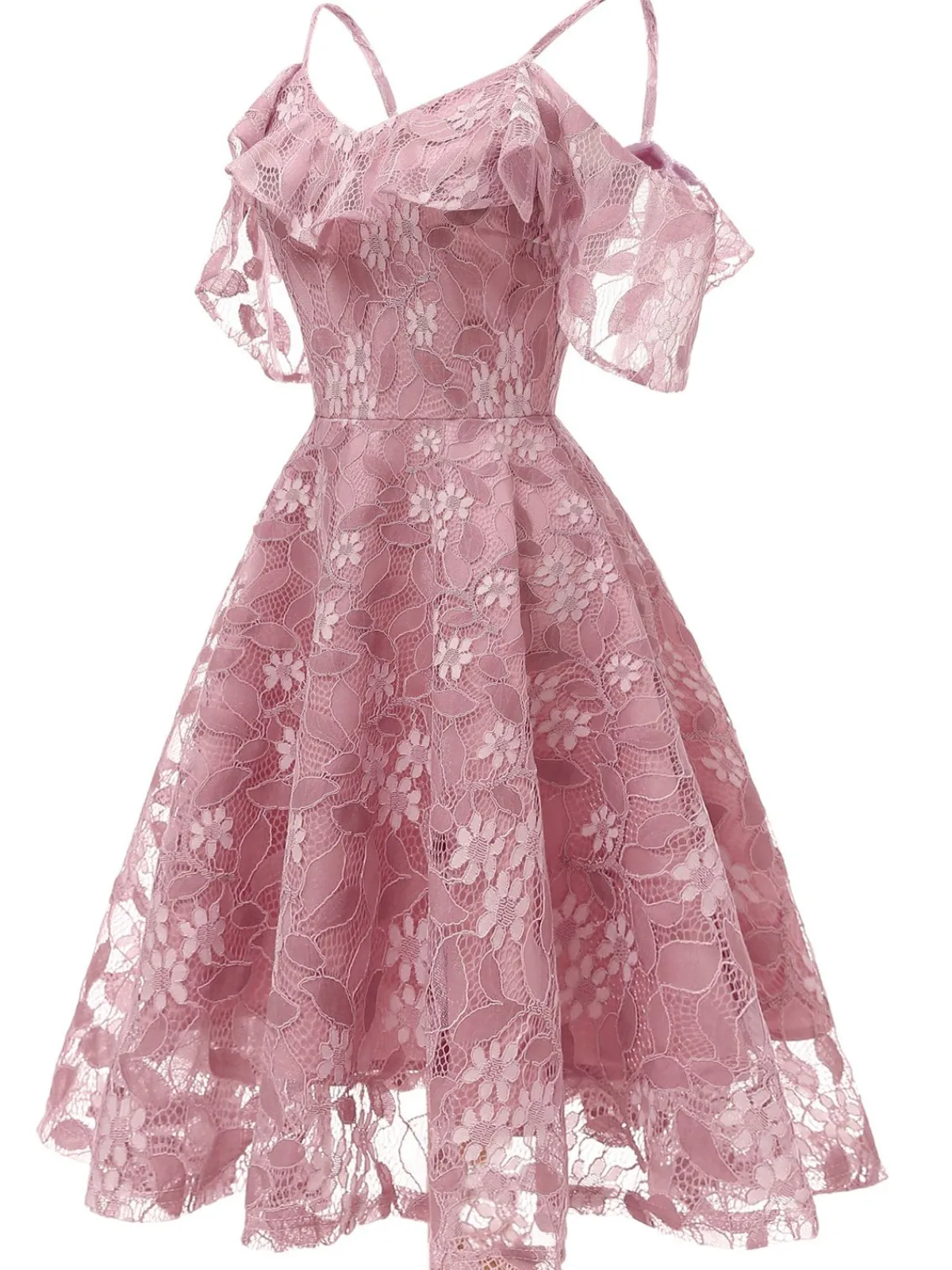New Retro Stage 1950s Lace Cold Shoulder Ruffle Dress