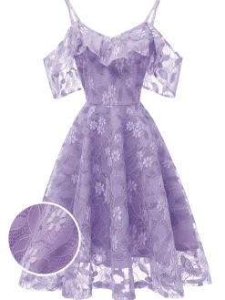 New Retro Stage 1950s Lace Cold Shoulder Ruffle Dress
