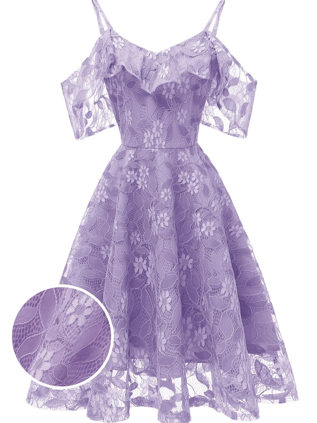 New Retro Stage 1950s Lace Cold Shoulder Ruffle Dress