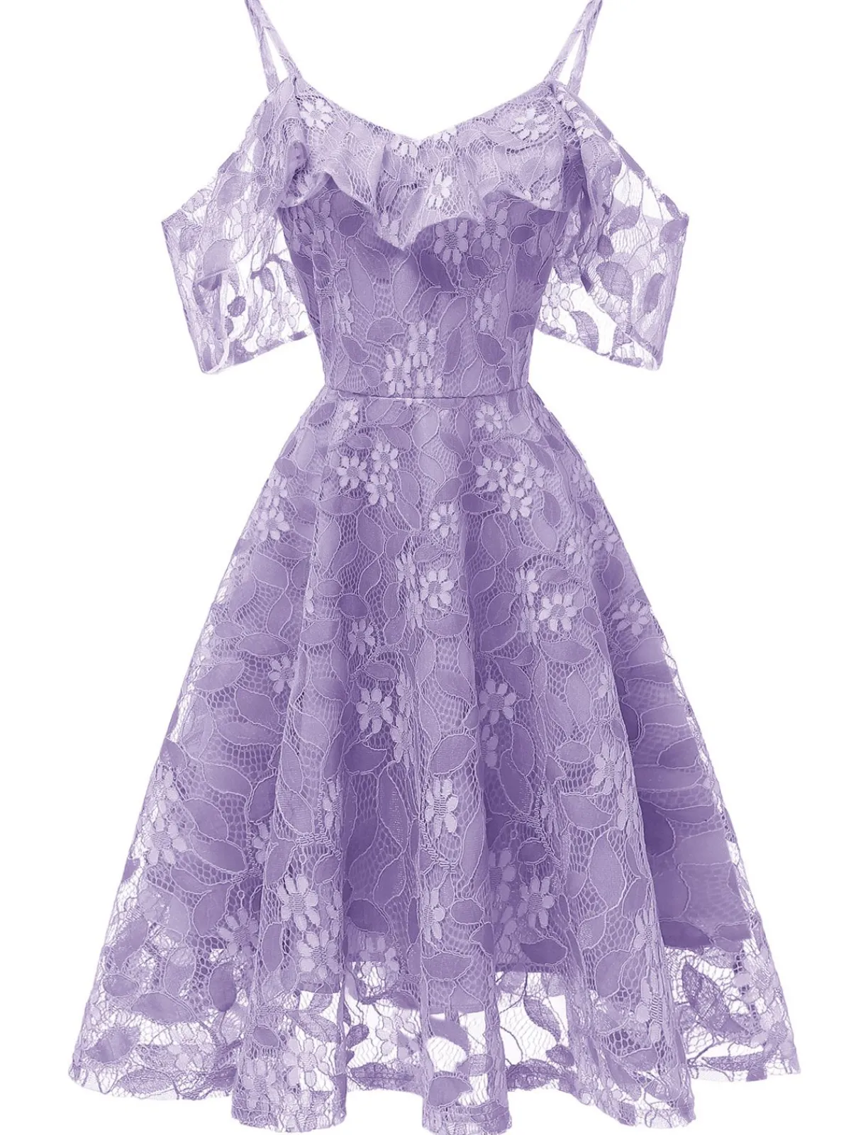 New Retro Stage 1950s Lace Cold Shoulder Ruffle Dress