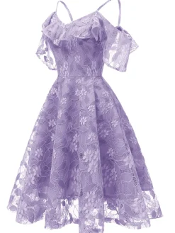 New Retro Stage 1950s Lace Cold Shoulder Ruffle Dress