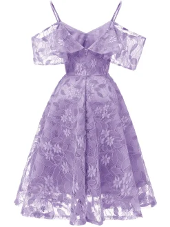 New Retro Stage 1950s Lace Cold Shoulder Ruffle Dress