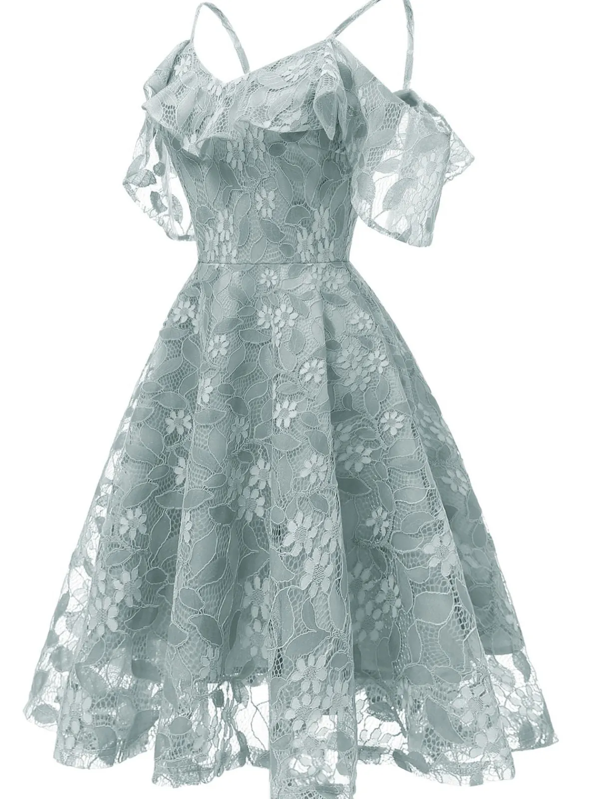 New Retro Stage 1950s Lace Cold Shoulder Ruffle Dress