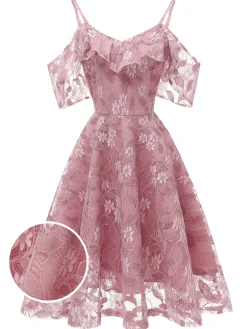 New Retro Stage 1950s Lace Cold Shoulder Ruffle Dress