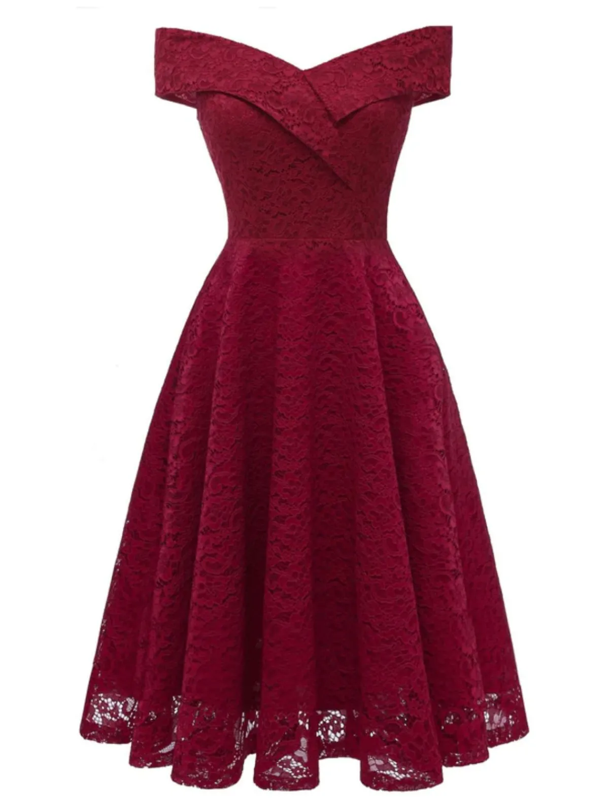 Fashion Retro Stage 1950s Lace Floral Swing Dress Wine red