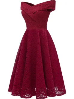 Fashion Retro Stage 1950s Lace Floral Swing Dress Wine red