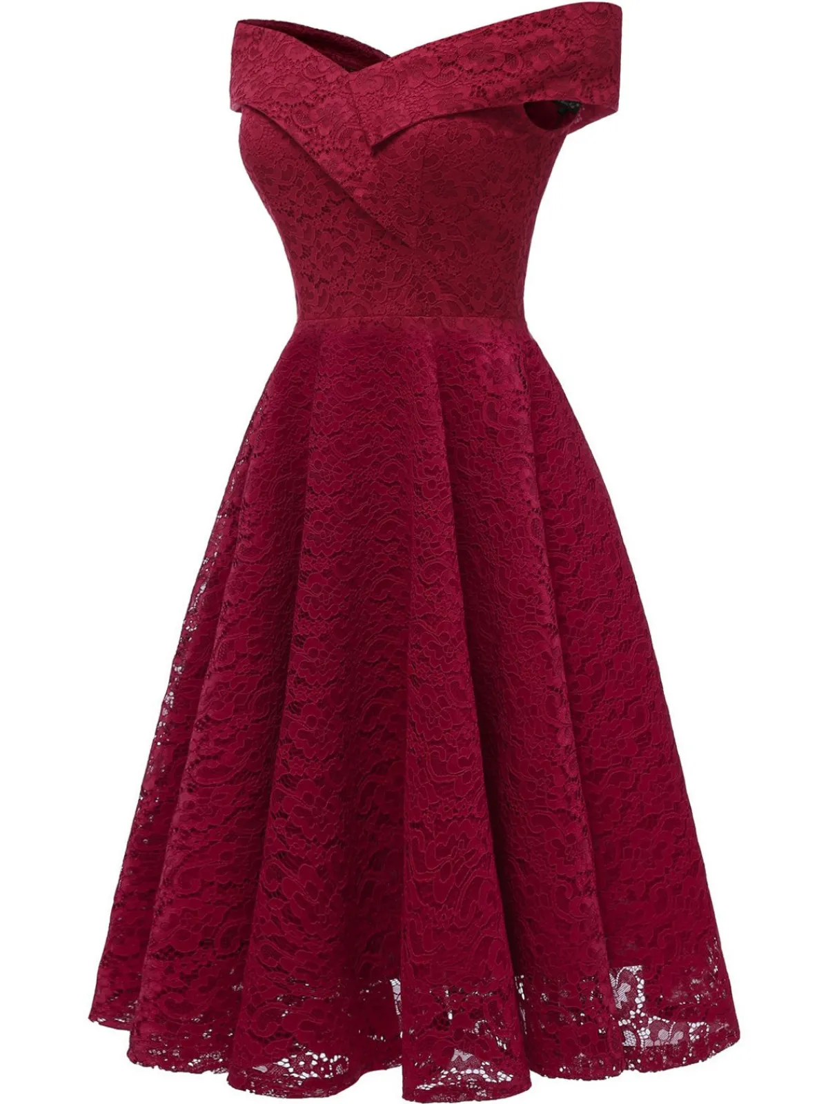 Fashion Retro Stage 1950s Lace Floral Swing Dress Wine red