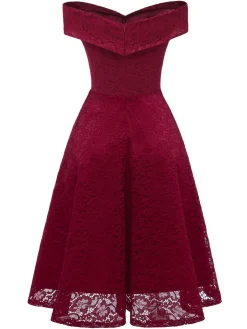 Fashion Retro Stage 1950s Lace Floral Swing Dress Wine red